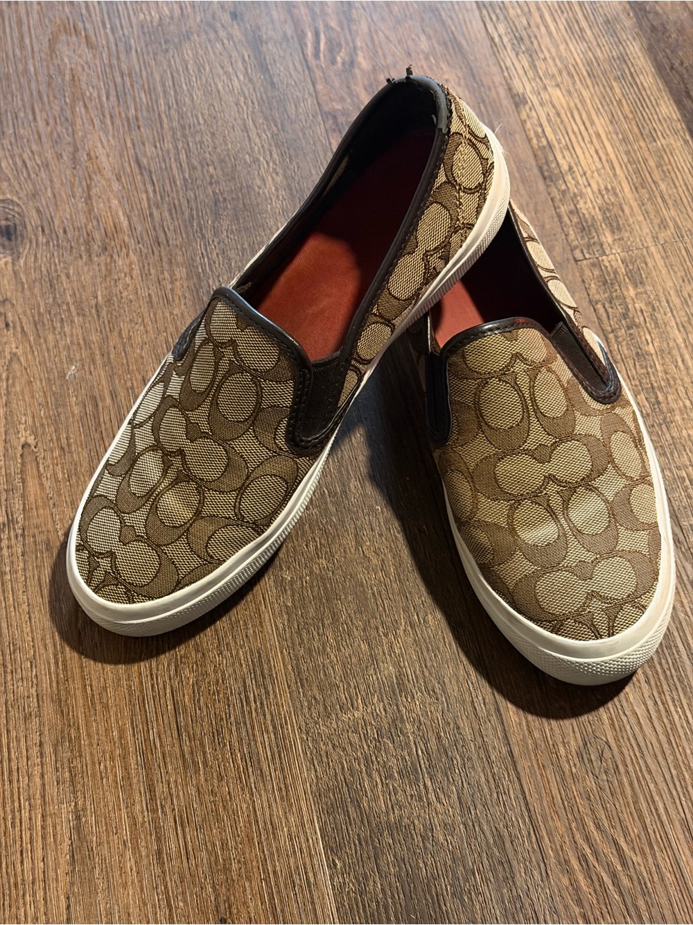 Coach Signature Slip-On Sneakers in Brown and Tan with Red Insole